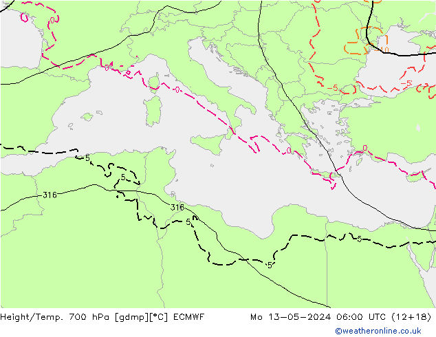 Height/Temp. 700 hPa ECMWF Mo 13.05.2024 06 UTC