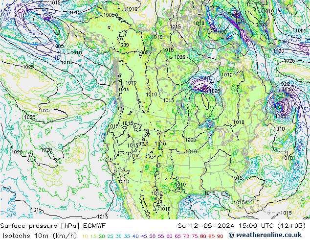 10米等风速线 (kph) ECMWF 星期日 12.05.2024 15 UTC