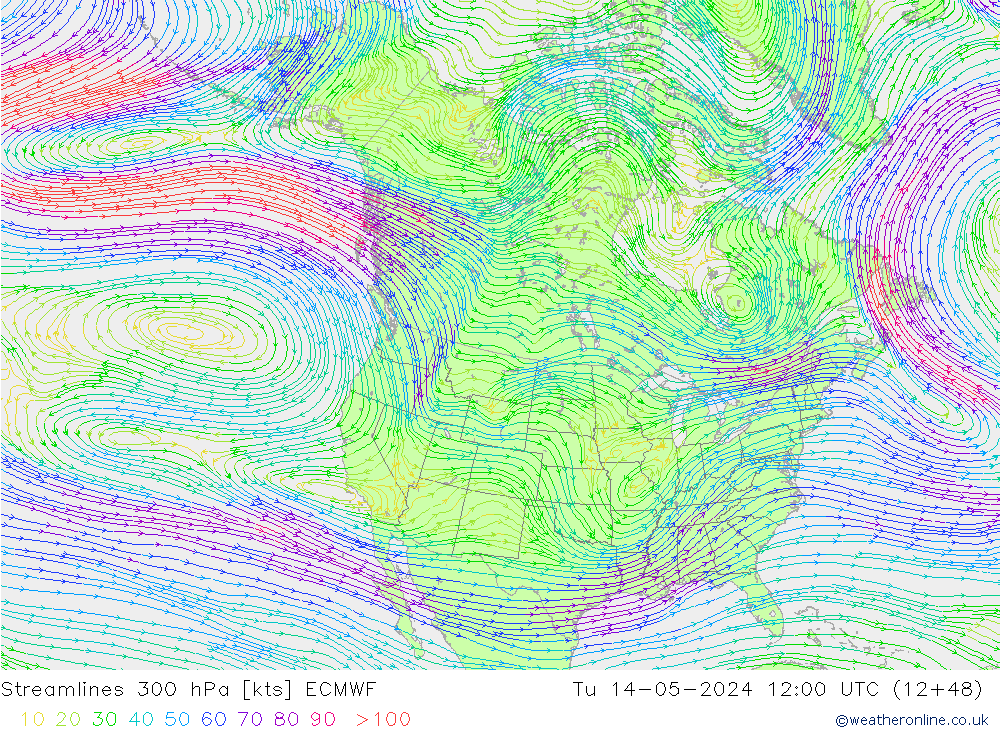 Stroomlijn 300 hPa ECMWF di 14.05.2024 12 UTC