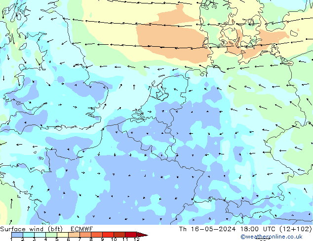 Surface wind (bft) ECMWF Čt 16.05.2024 18 UTC