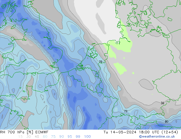 Humidité rel. 700 hPa ECMWF mar 14.05.2024 18 UTC