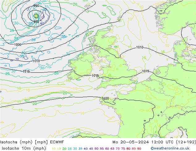 Isotachen (mph) ECMWF ma 20.05.2024 12 UTC