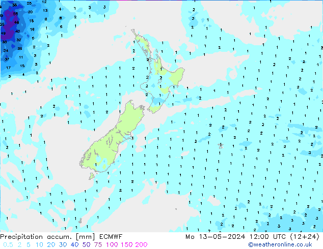 Precipitation accum. ECMWF пн 13.05.2024 12 UTC