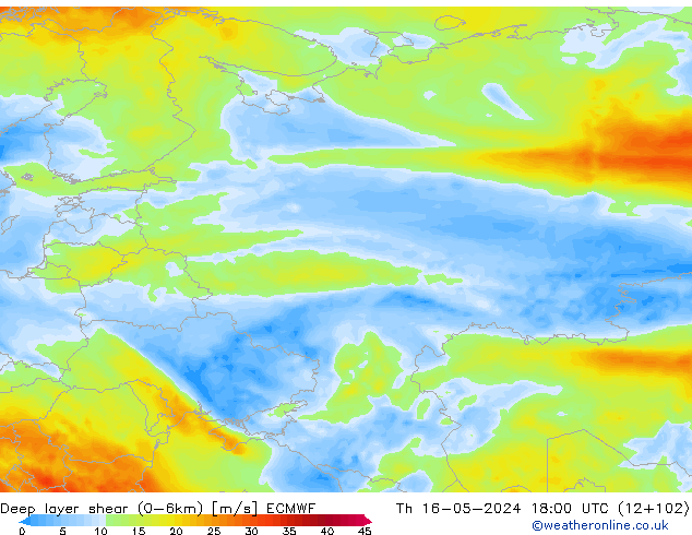 Deep layer shear (0-6km) ECMWF do 16.05.2024 18 UTC