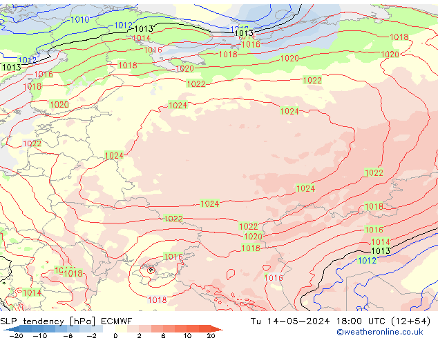 SLP tendency ECMWF Út 14.05.2024 18 UTC