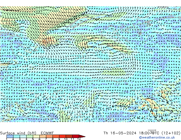Bodenwind (bft) ECMWF Do 16.05.2024 18 UTC
