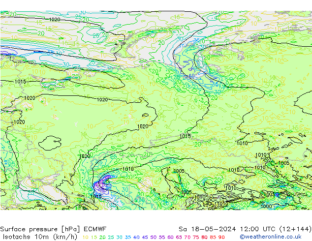 Isotachs (kph) ECMWF Sa 18.05.2024 12 UTC