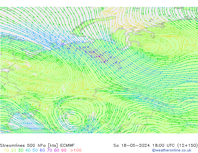 Linea di flusso 500 hPa ECMWF sab 18.05.2024 18 UTC