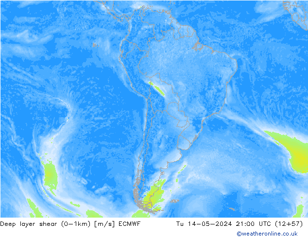 Deep layer shear (0-1km) ECMWF mar 14.05.2024 21 UTC