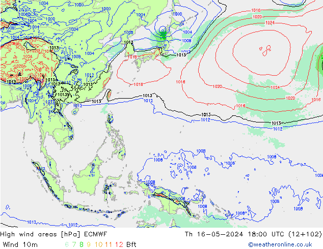 High wind areas ECMWF Čt 16.05.2024 18 UTC