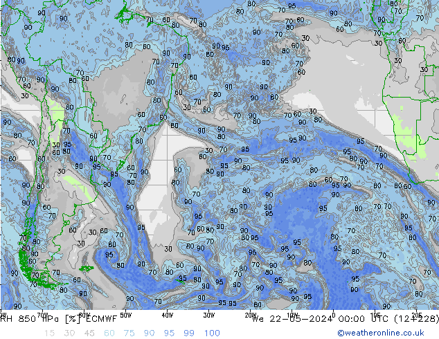Humidité rel. 850 hPa ECMWF mer 22.05.2024 00 UTC