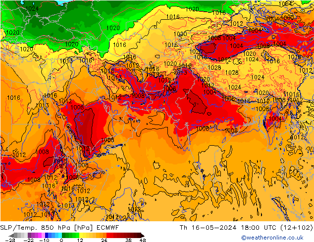 SLP/Temp. 850 гПа ECMWF чт 16.05.2024 18 UTC