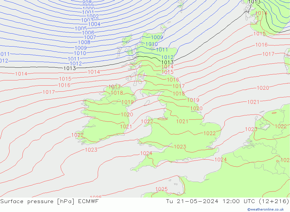 Surface pressure ECMWF Tu 21.05.2024 12 UTC