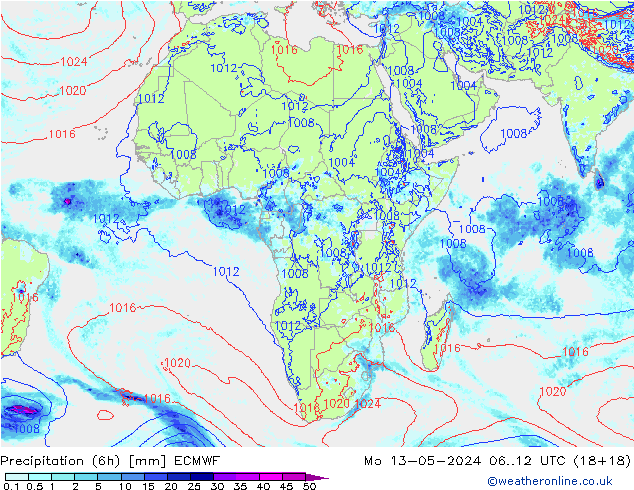 Z500/Rain (+SLP)/Z850 ECMWF pon. 13.05.2024 12 UTC