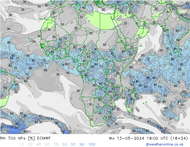 Humidité rel. 700 hPa ECMWF lun 13.05.2024 18 UTC