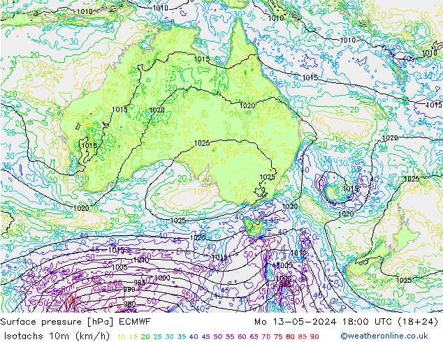 Eşrüzgar Hızları (km/sa) ECMWF Pzt 13.05.2024 18 UTC