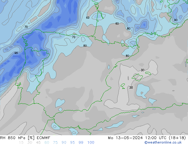 Humidité rel. 850 hPa ECMWF lun 13.05.2024 12 UTC