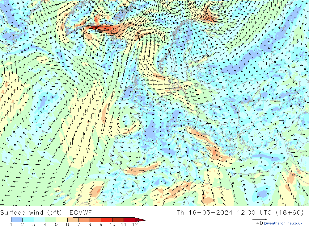 ве�Bе�@ 10 m (bft) ECMWF чт 16.05.2024 12 UTC