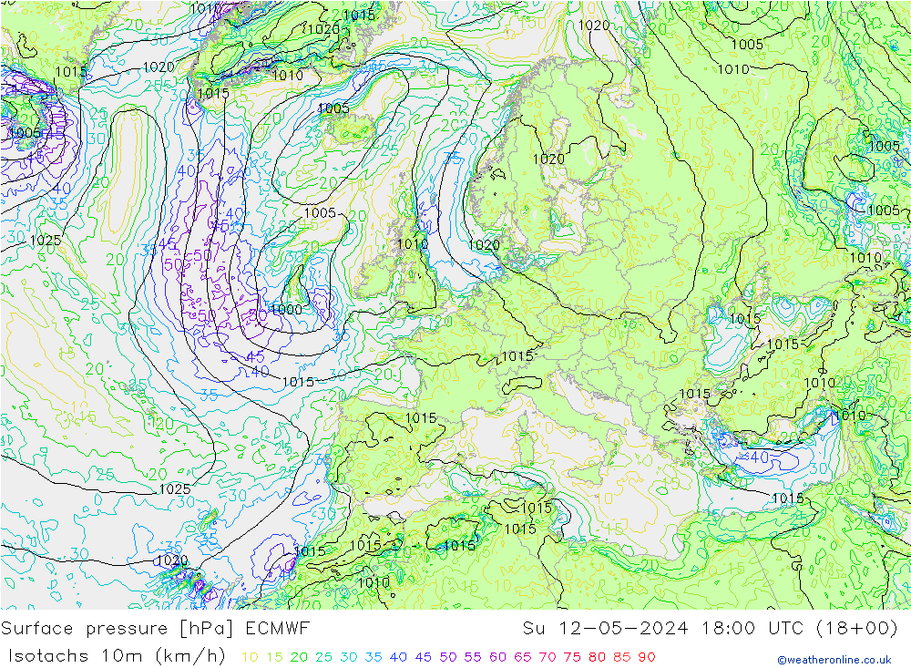 Isotachs (kph) ECMWF dom 12.05.2024 18 UTC