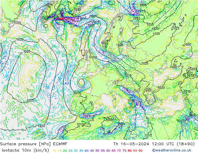 Isotachen (km/h) ECMWF Do 16.05.2024 12 UTC