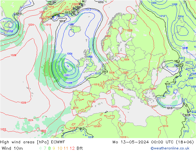 High wind areas ECMWF Mo 13.05.2024 00 UTC