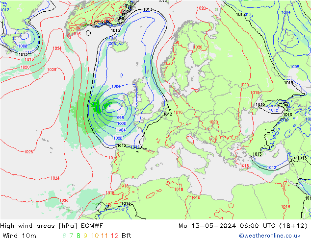 High wind areas ECMWF Mo 13.05.2024 06 UTC