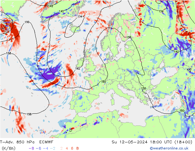 T-Adv. 850 hPa ECMWF So 12.05.2024 18 UTC