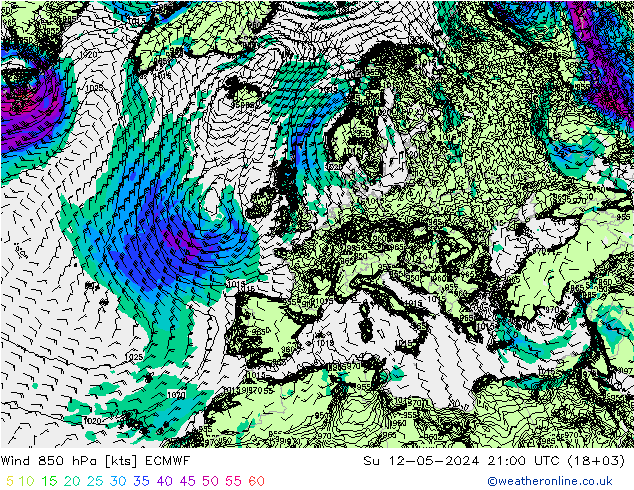 Wind 850 hPa ECMWF Su 12.05.2024 21 UTC