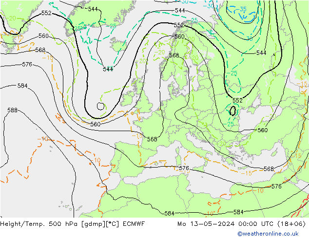 Z500/Rain (+SLP)/Z850 ECMWF 星期一 13.05.2024 00 UTC