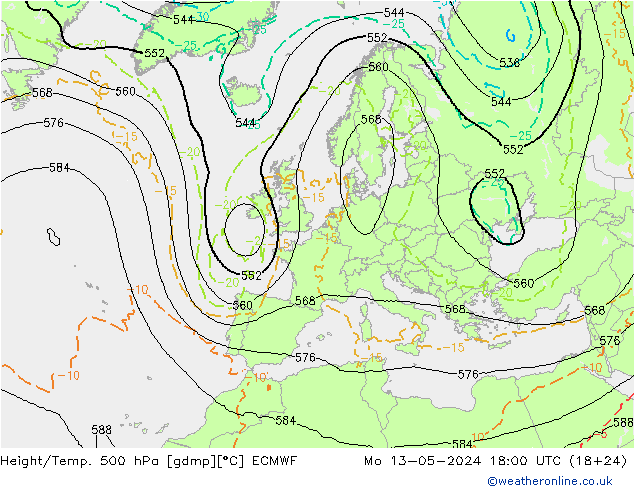 Z500/Rain (+SLP)/Z850 ECMWF пн 13.05.2024 18 UTC