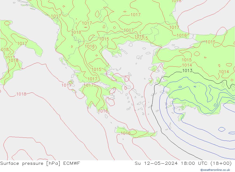 Atmosférický tlak ECMWF Ne 12.05.2024 18 UTC