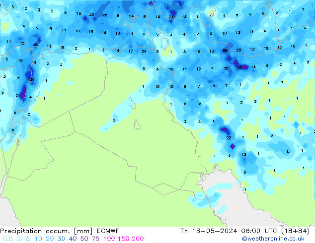 Precipitation accum. ECMWF czw. 16.05.2024 06 UTC