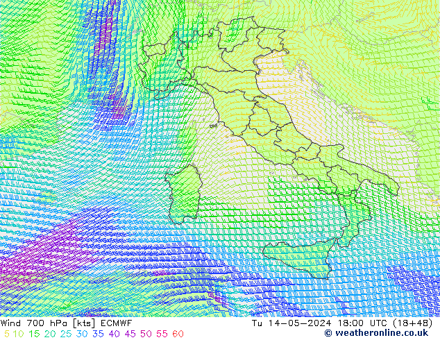 wiatr 700 hPa ECMWF wto. 14.05.2024 18 UTC