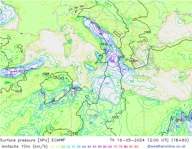 Isotachs (kph) ECMWF  16.05.2024 12 UTC