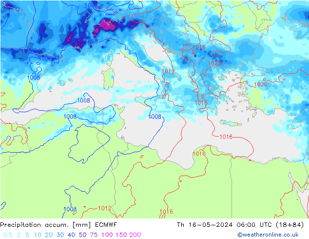 Precipitation accum. ECMWF czw. 16.05.2024 06 UTC