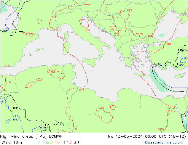 High wind areas ECMWF lun 13.05.2024 06 UTC