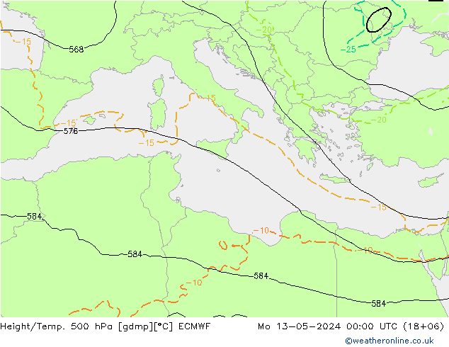 Z500/Rain (+SLP)/Z850 ECMWF lun 13.05.2024 00 UTC