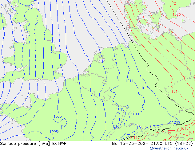 Bodendruck ECMWF Mo 13.05.2024 21 UTC