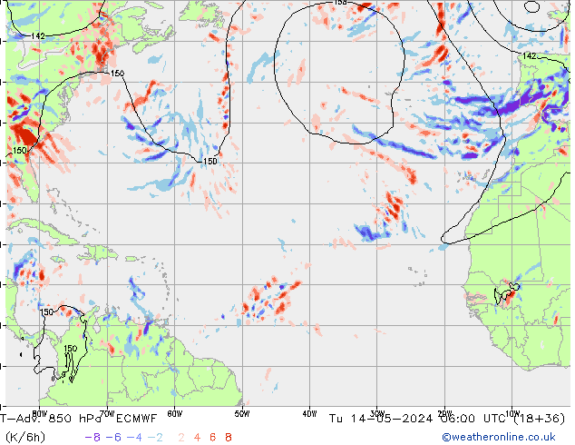 T-Adv. 850 hPa ECMWF mar 14.05.2024 06 UTC