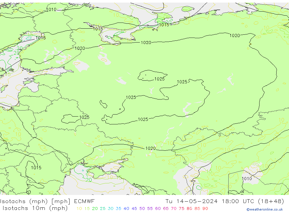 Isotachen (mph) ECMWF di 14.05.2024 18 UTC