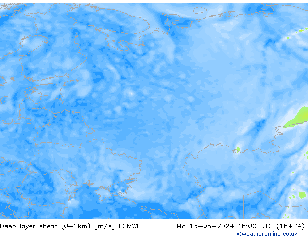Deep layer shear (0-1km) ECMWF Mo 13.05.2024 18 UTC