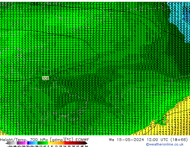Height/Temp. 700 hPa ECMWF St 15.05.2024 12 UTC