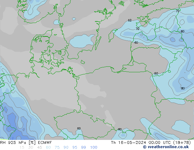 Humedad rel. 925hPa ECMWF jue 16.05.2024 00 UTC