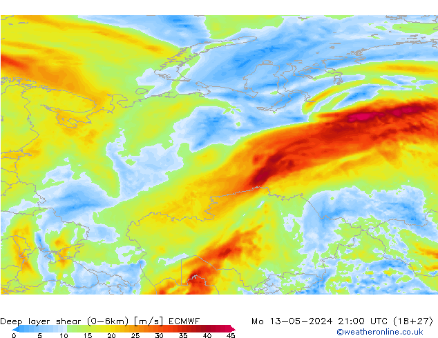 Deep layer shear (0-6km) ECMWF Po 13.05.2024 21 UTC
