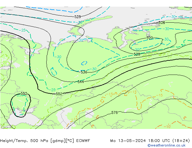 Z500/Rain (+SLP)/Z850 ECMWF Po 13.05.2024 18 UTC