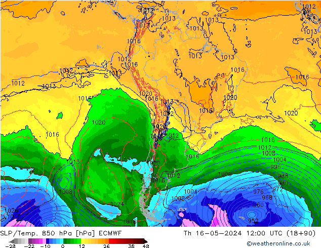 SLP/Temp. 850 hPa ECMWF Th 16.05.2024 12 UTC