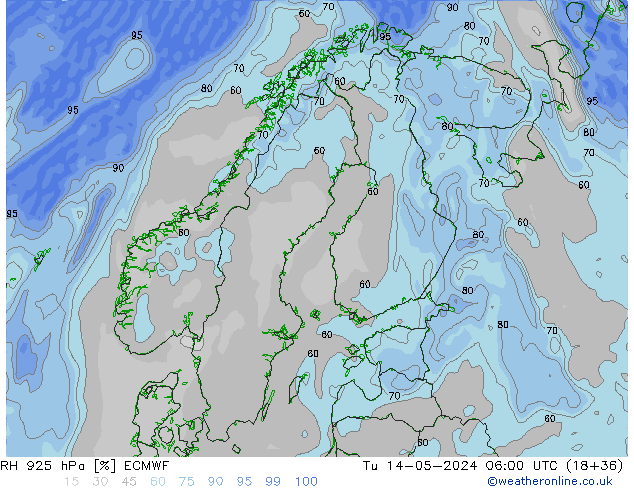 RH 925 hPa ECMWF Út 14.05.2024 06 UTC