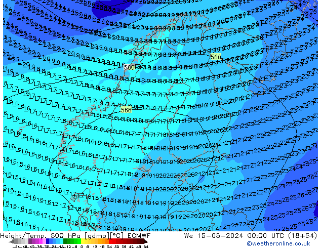 Z500/Yağmur (+YB)/Z850 ECMWF Çar 15.05.2024 00 UTC
