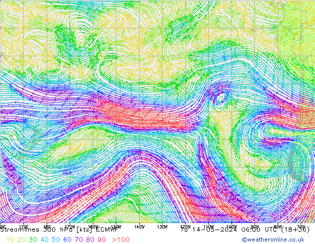 Linea di flusso 300 hPa ECMWF mar 14.05.2024 06 UTC