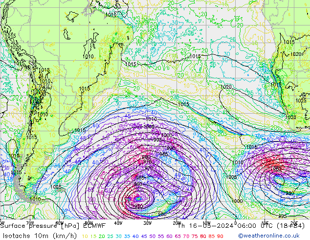 Isotaca (kph) ECMWF jue 16.05.2024 06 UTC